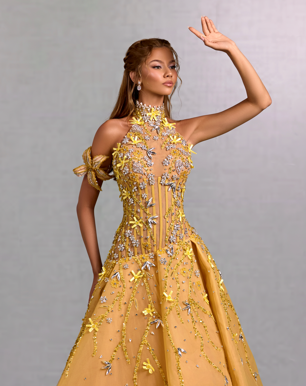 High Neck Yellow Gown with Floral Crystal Vines M