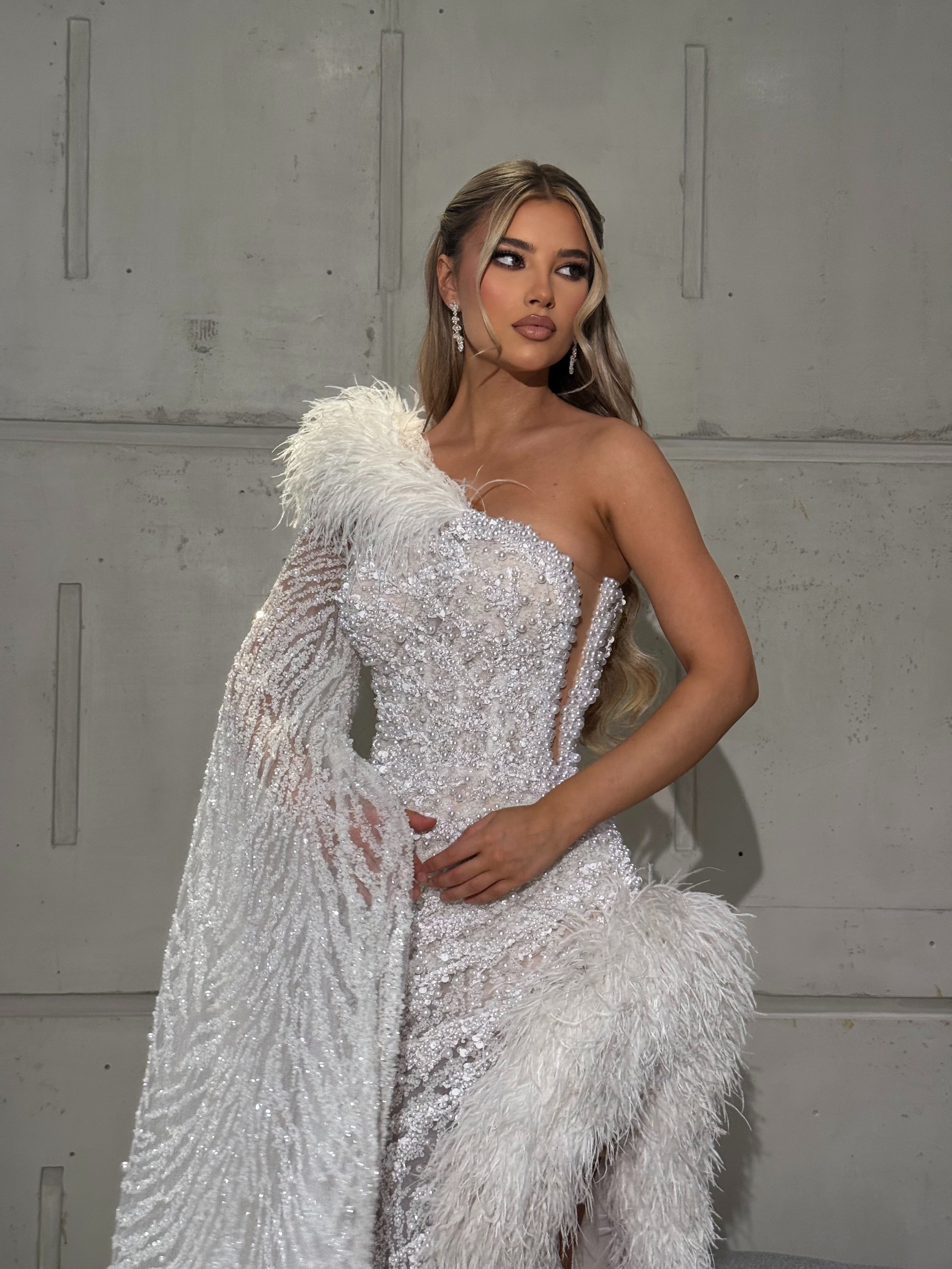 White One Shoulder Dress with Feather Slit and Flowing Cape Sleeve Walone LLC White One Shoulder Dress with Feather Slit and Flowing Cape Sleeve Walone LLC