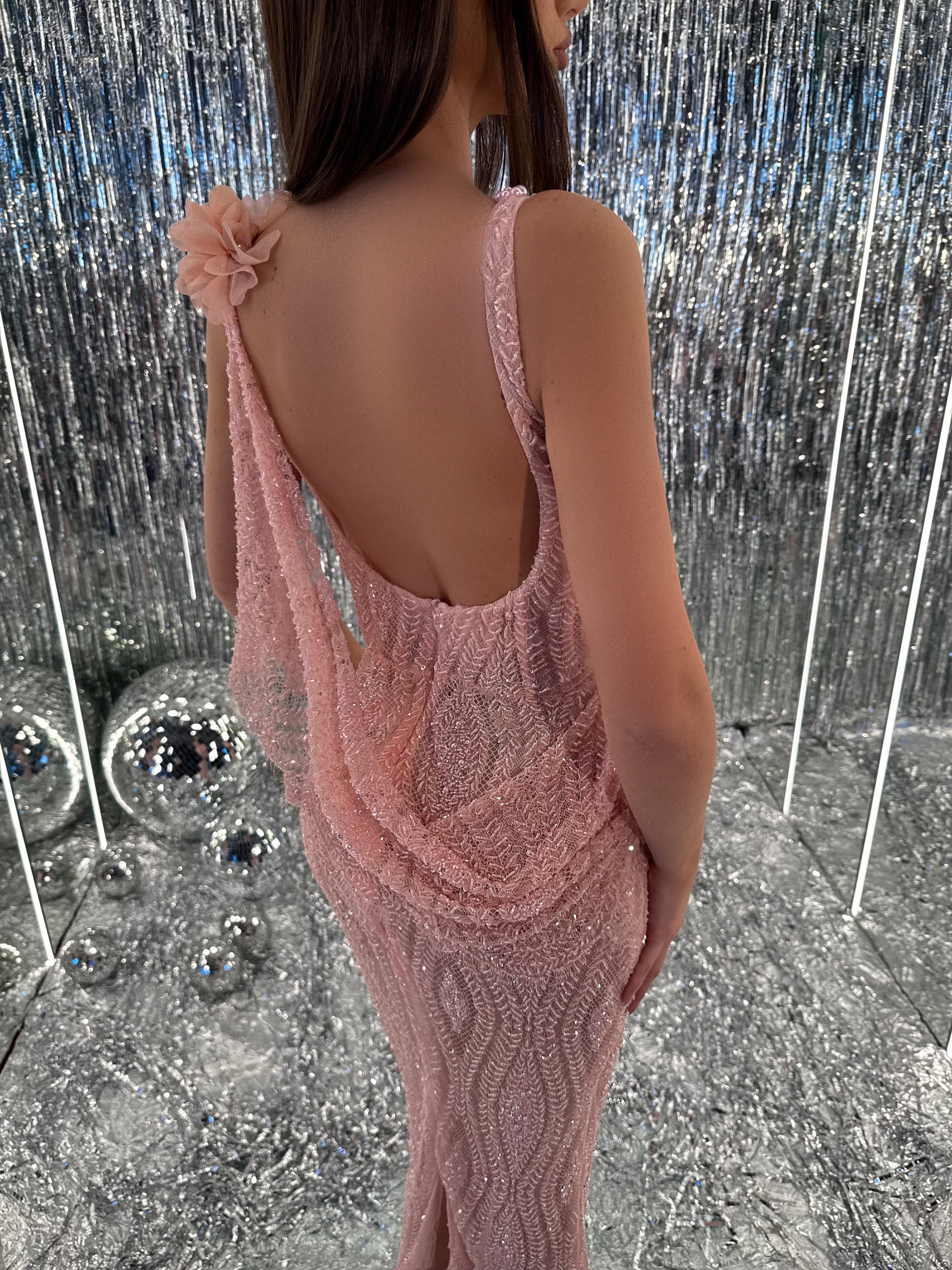 Alona - Pink Sequined Back Drape Gown
