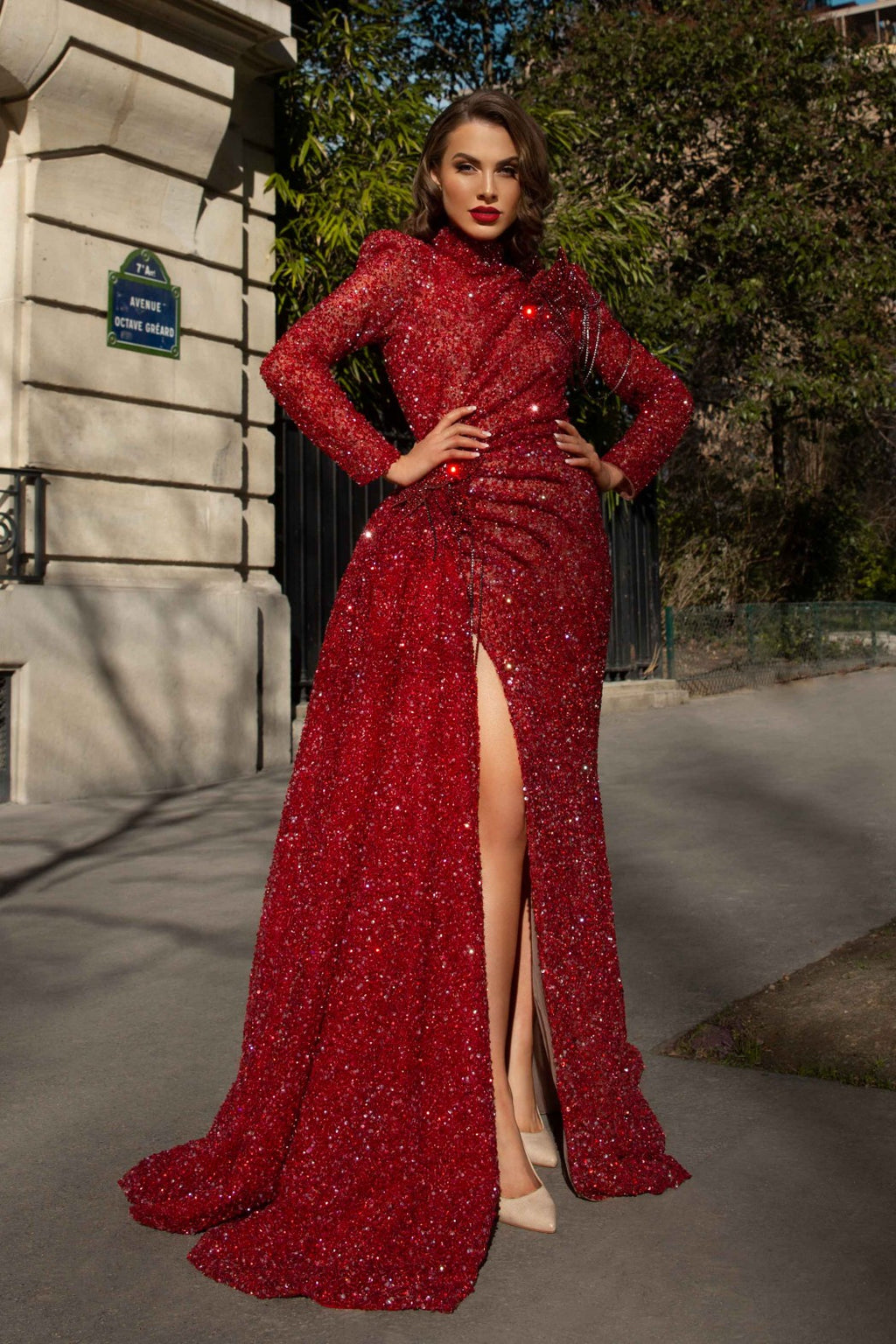 High Neck Side Cut Red Evening Gown