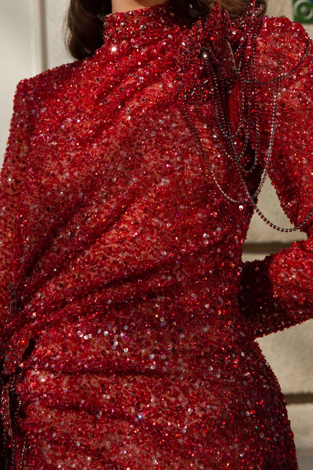 High Neck Side Cut Red Evening Gown