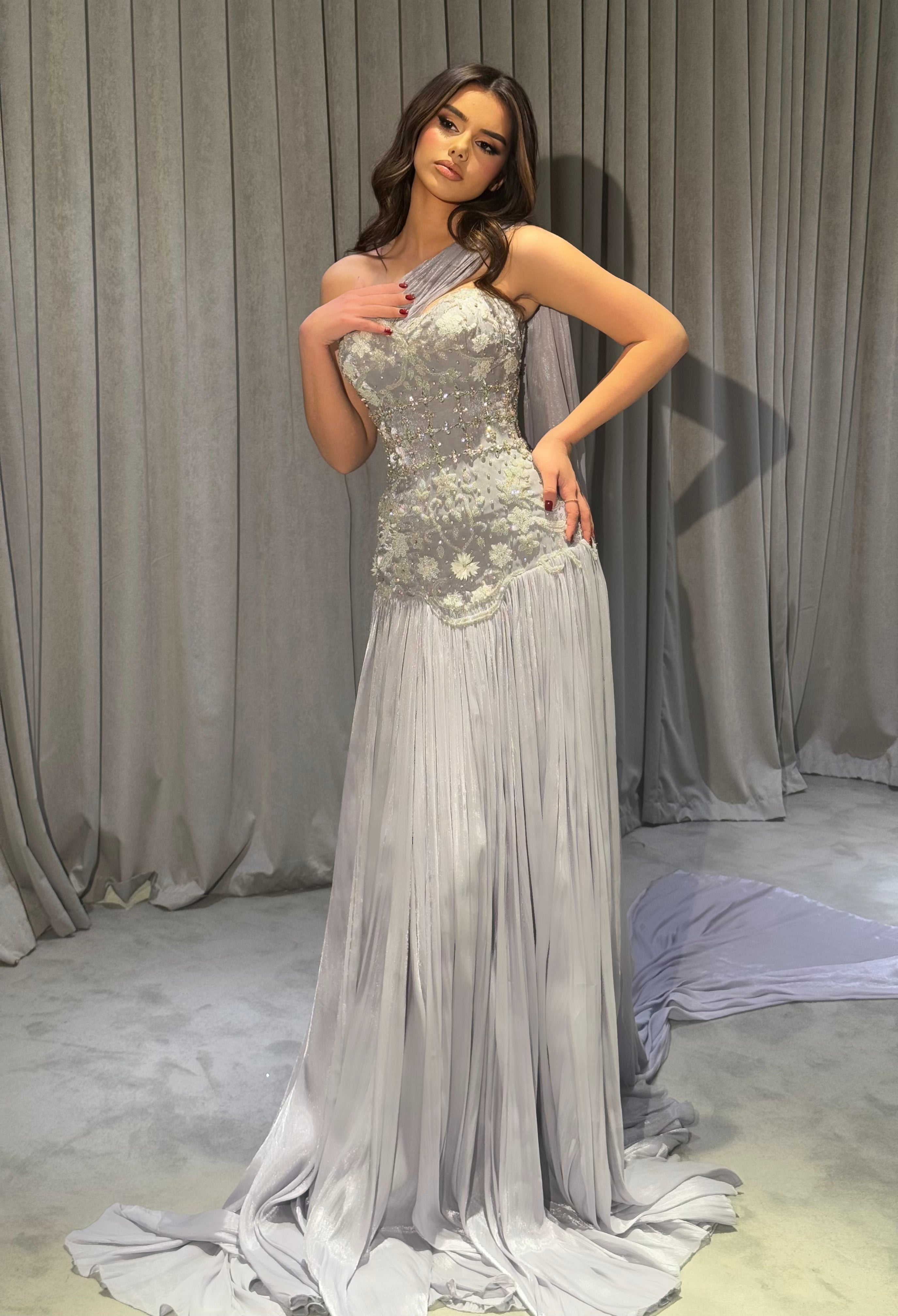 Amèliana - Embellished One Shoulder Chiffon Gown