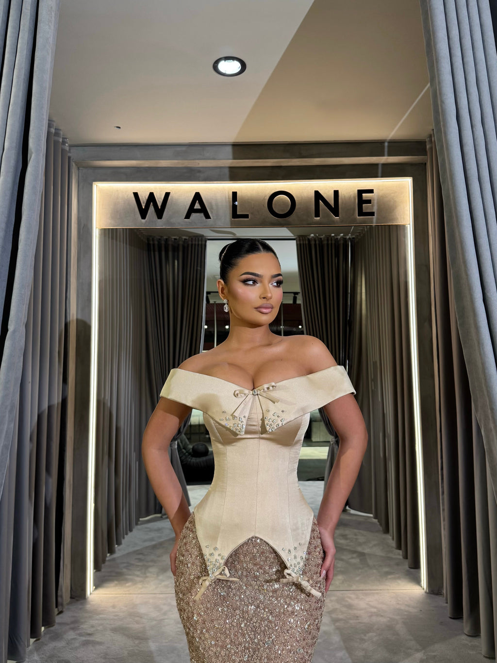 Long Dress Off Shoulder Corset with Crystal Bows