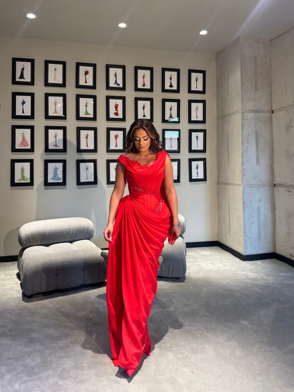 Red Draped Maxi Dress with Boned Corset & Lace Embellishment