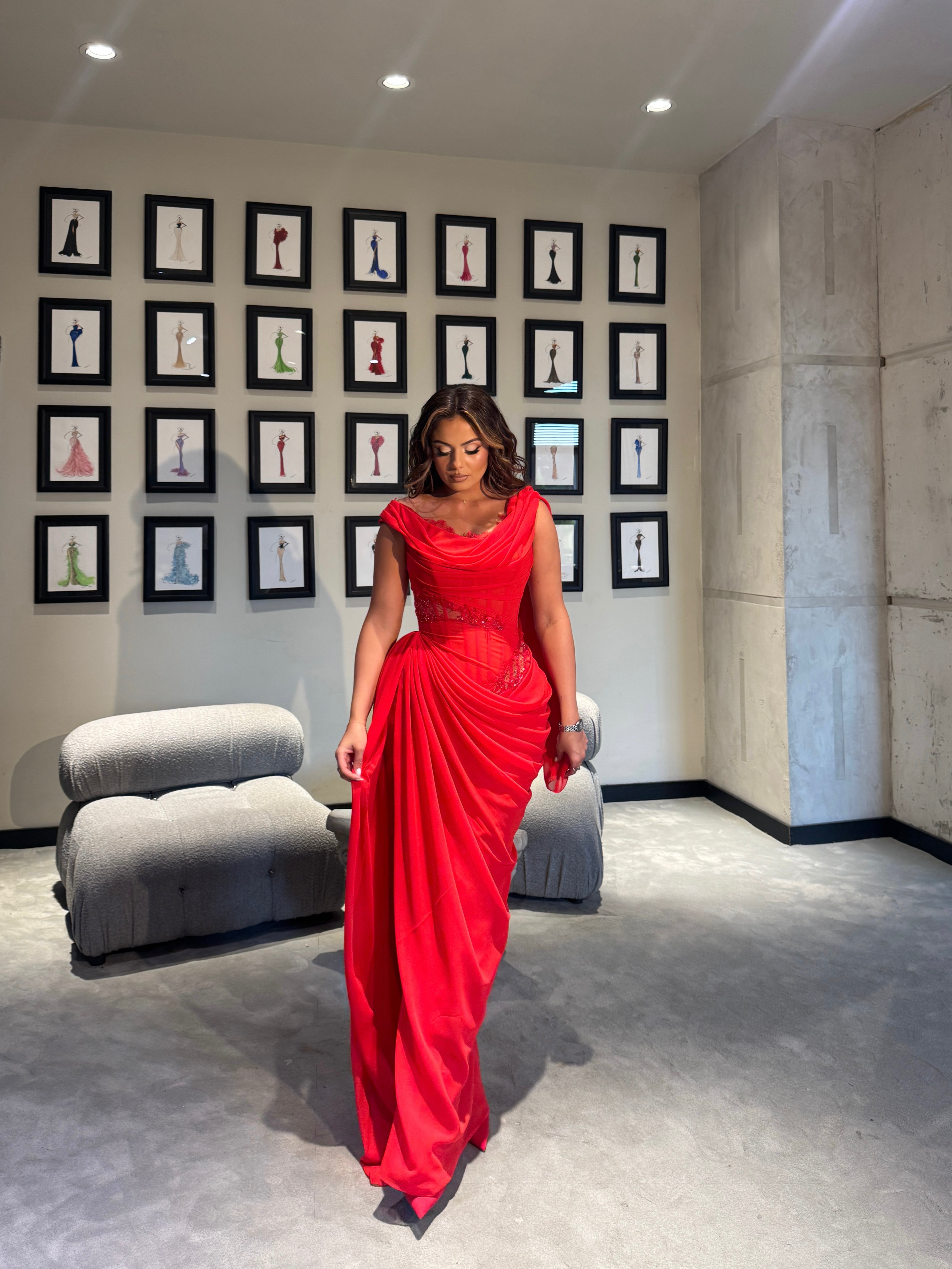 Red Draped Maxi Dress with Boned Corset & Lace Embellishment