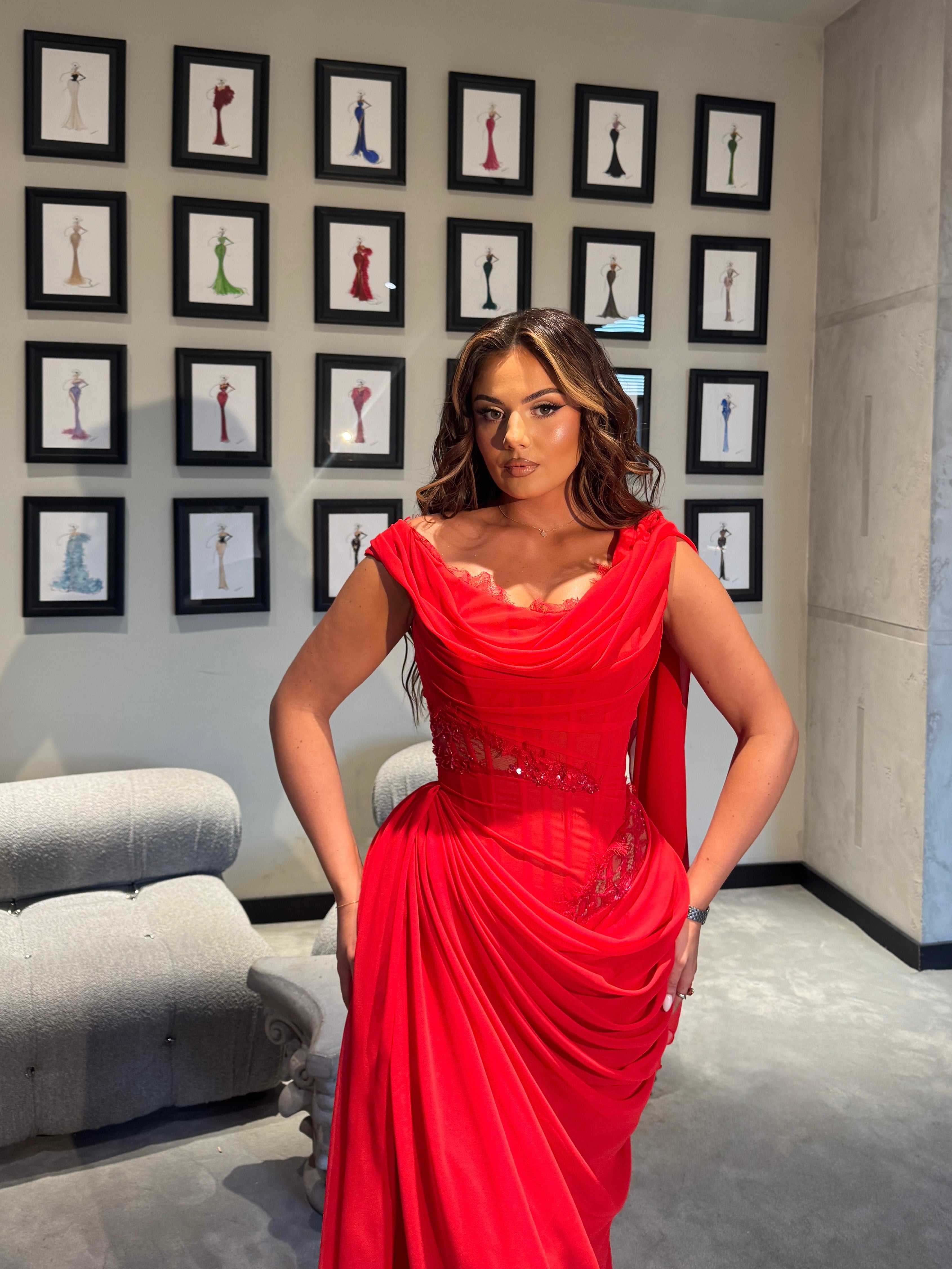 Red Draped Maxi Dress with Boned Corset & Lace Embellishment M Red Draped Maxi Dress with Boned Corset & Lace Embellishment M