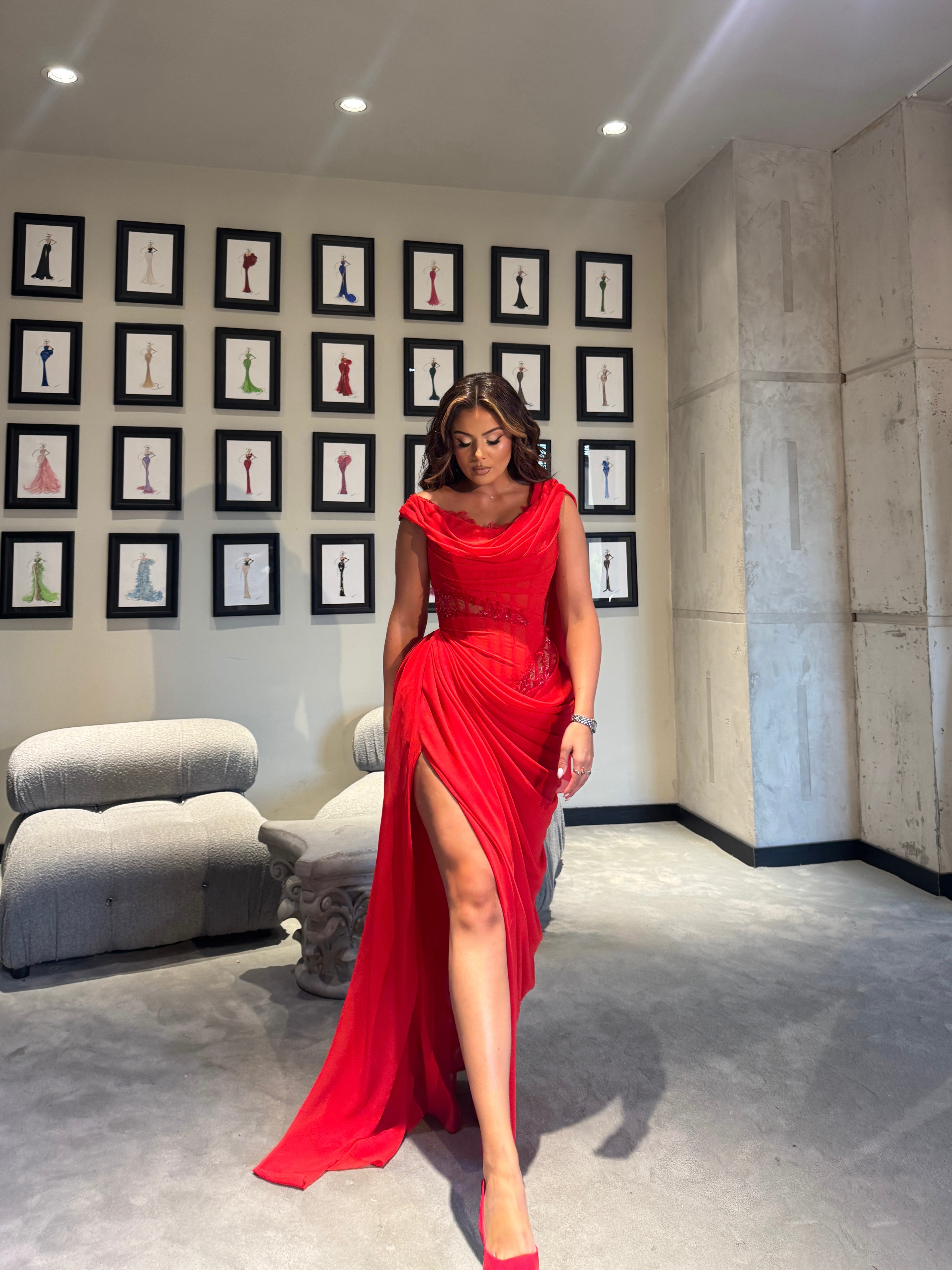 Red Draped Maxi Dress with Boned Corset & Lace Embellishment