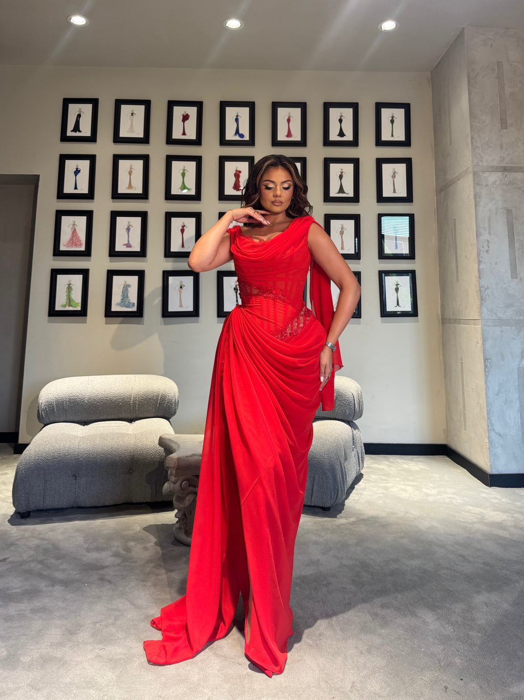 Red Draped Maxi Dress with Boned Corset & Lace Embellishment