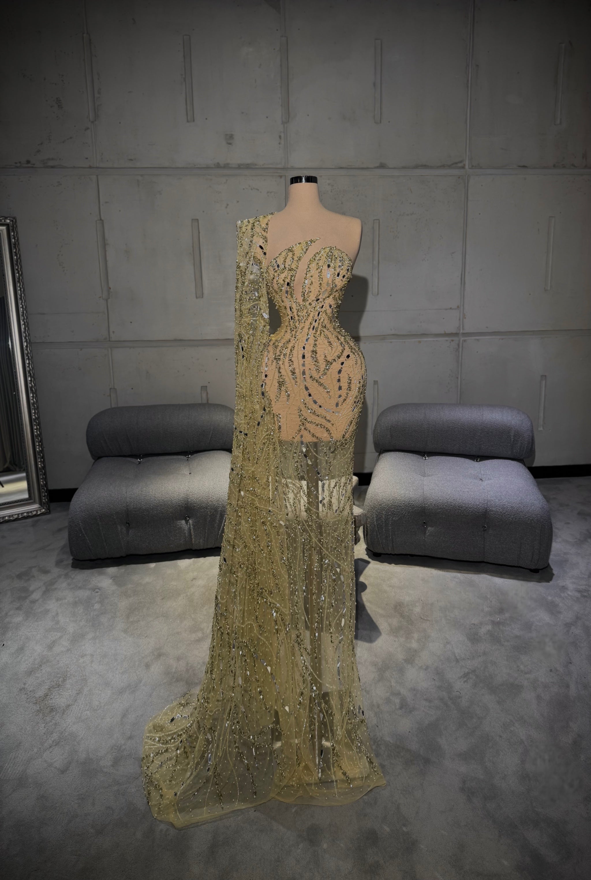 Gold Silver Cape Dress Solenne Gold Mirror Cape Sleeve Gown S Gold Silver Cape Dress Solenne Gold Mirror Cape Sleeve Gown S