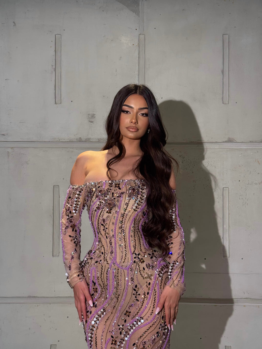 Lyrah – Lavender Sequin Off Shoulder Gown