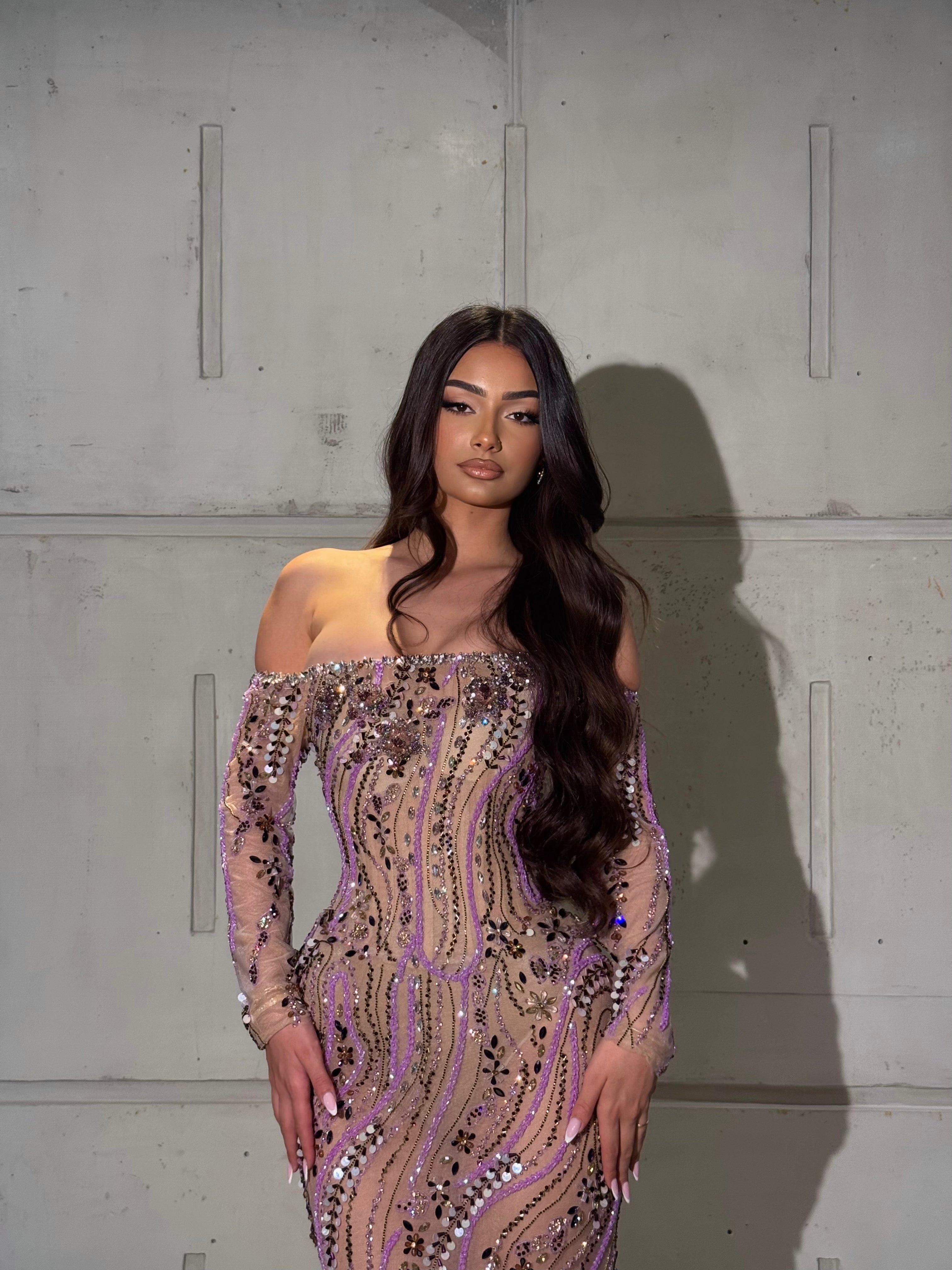 Lyrah – Lavender Sequin Off Shoulder Gown