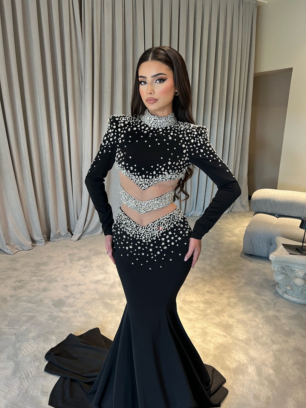Black Mermaid Dress with Silver Rhinestones & Cut-Outs