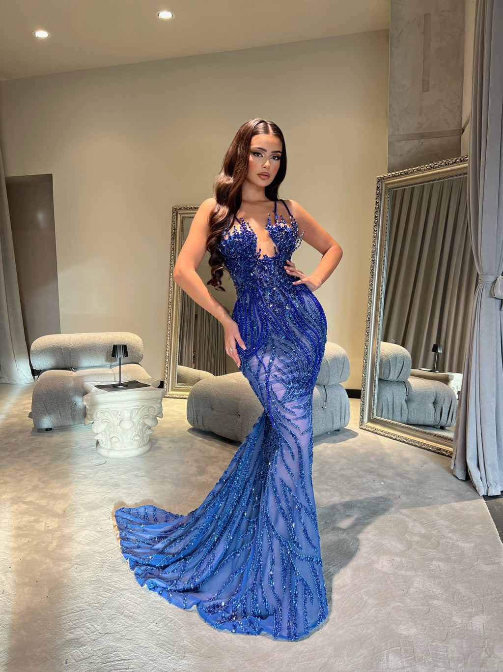Blue Embroidered Dress with Rhinestones L