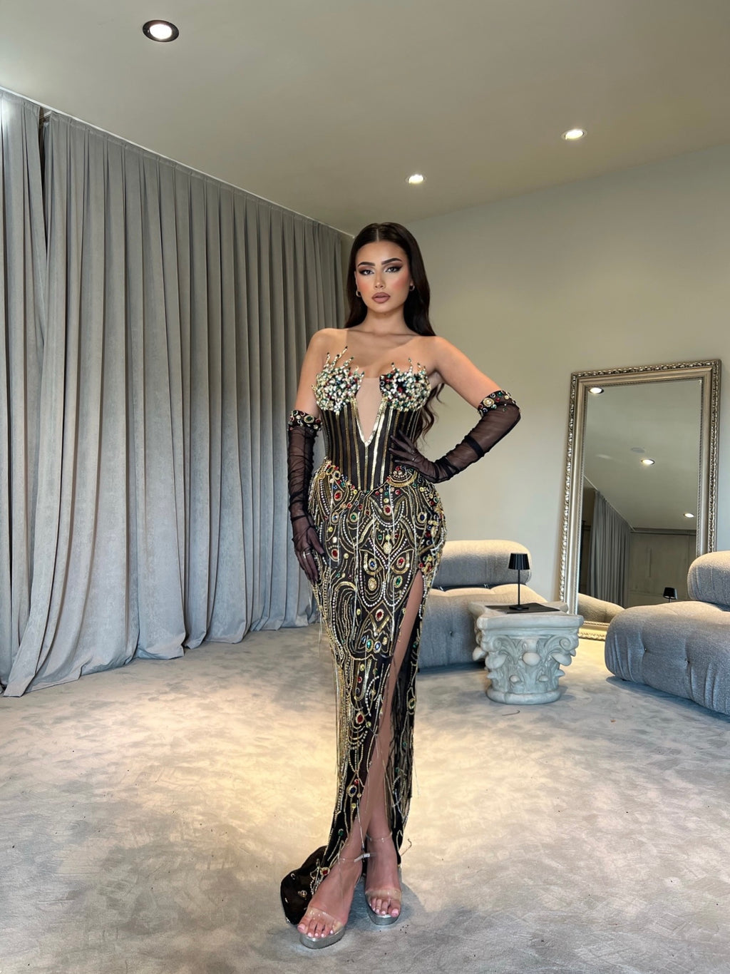 BLACK LONG DRESS WITH GOLD EMBELLISHMENTS