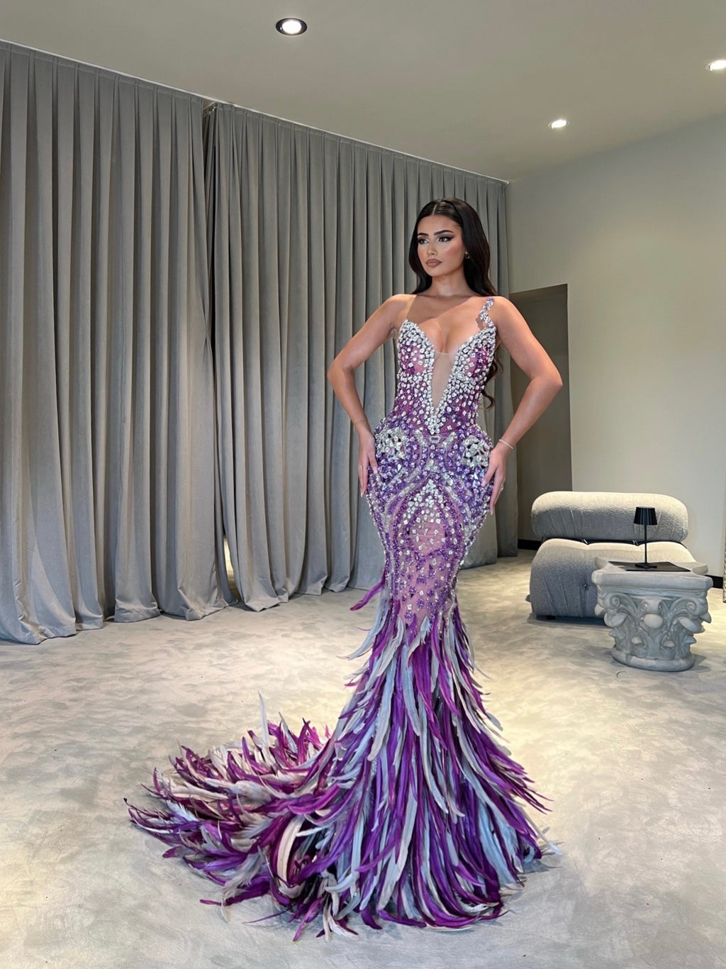 V-Neckline Purple Embellished Dress with Feathered Train