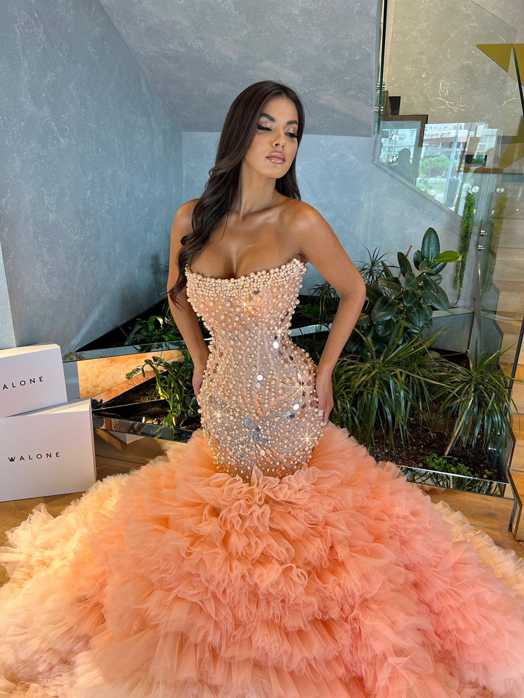 Pearl Embroidered Peach Gown with Layered Tulle Train
