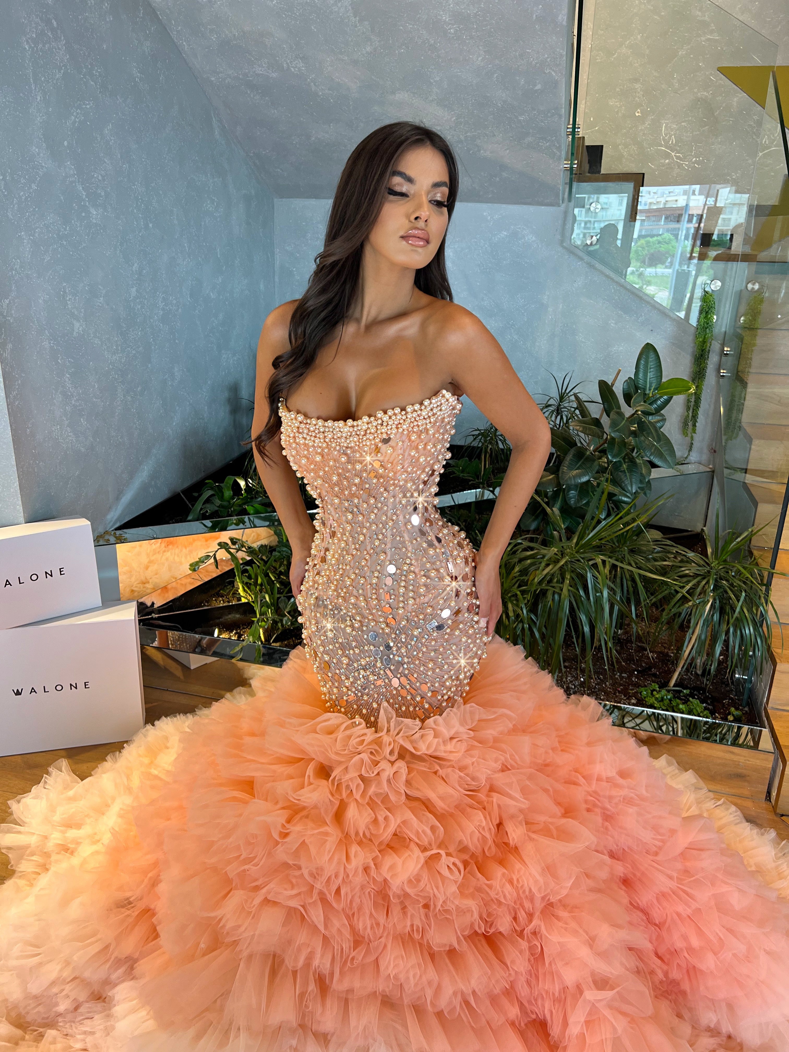 Pearl Embroidered Peach Gown with Layered Tulle Train