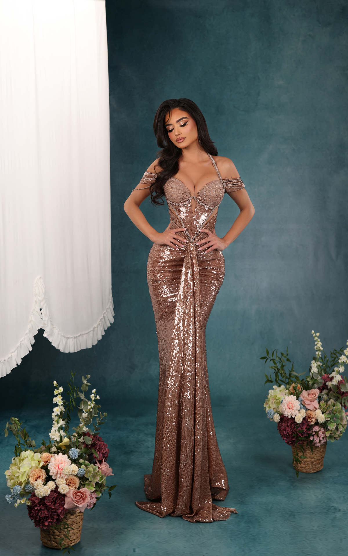 Eriná - Draped Sequin Cutout Gown