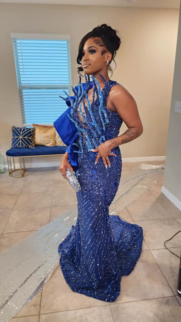 ONE SHOULDER NAVY BLUE EVENING DRESS