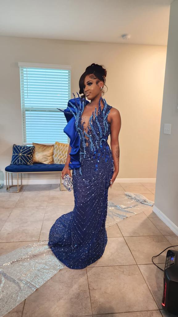 ONE SHOULDER NAVY BLUE EVENING DRESS