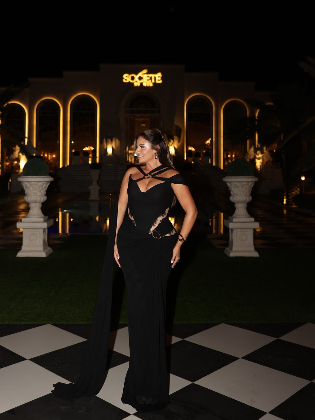 Adira – Black Cut-Out Evening Gown with Cape Detail