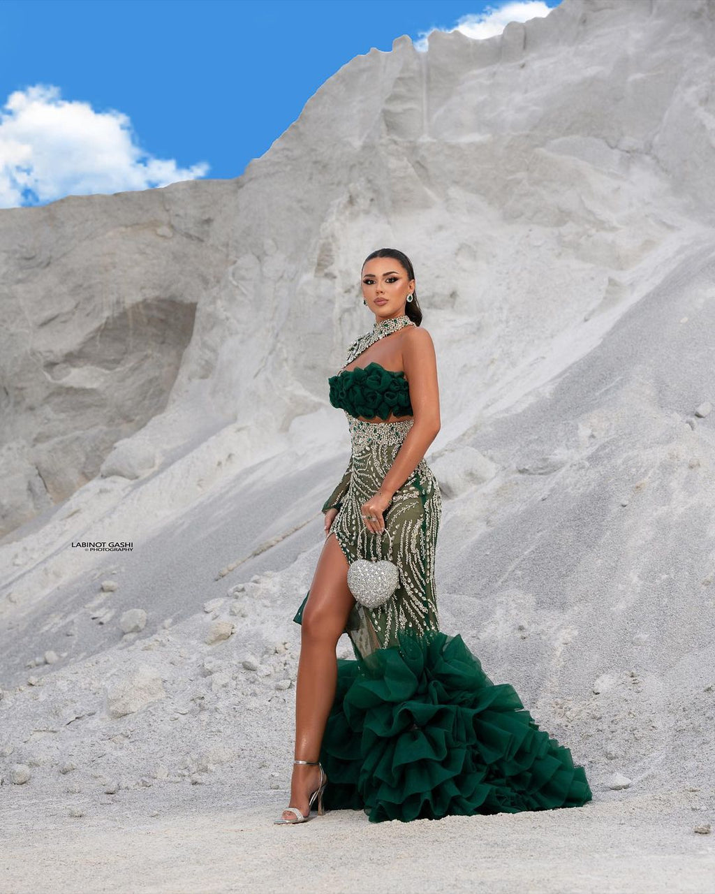 One Sleeve Green Embellished Dress with Tulle Train