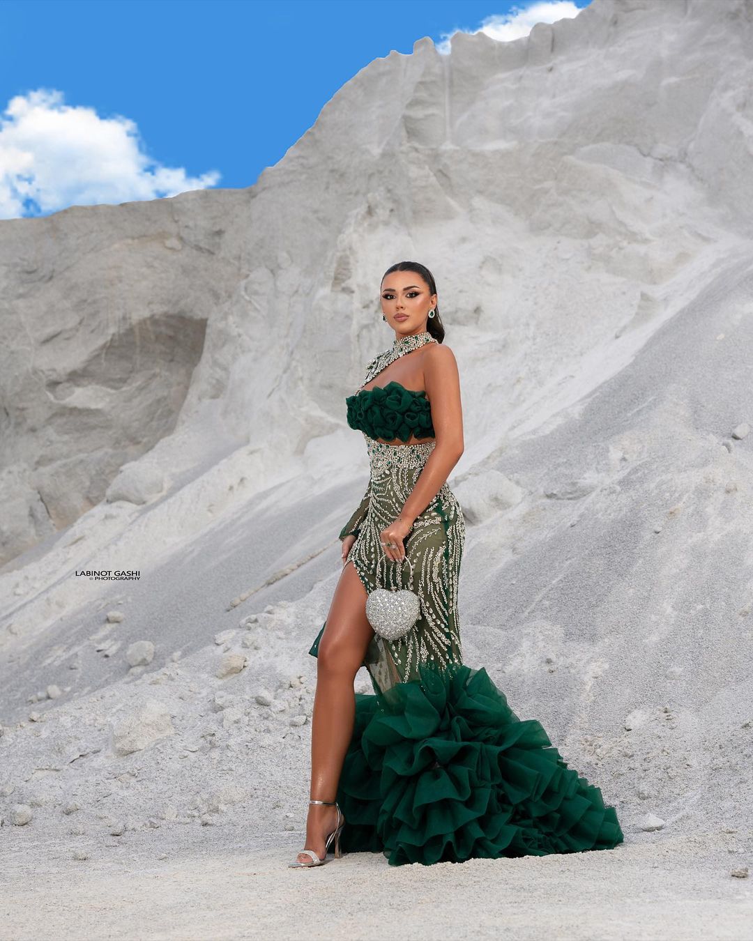 One Sleeve Green Embellished Dress with Tulle Train
