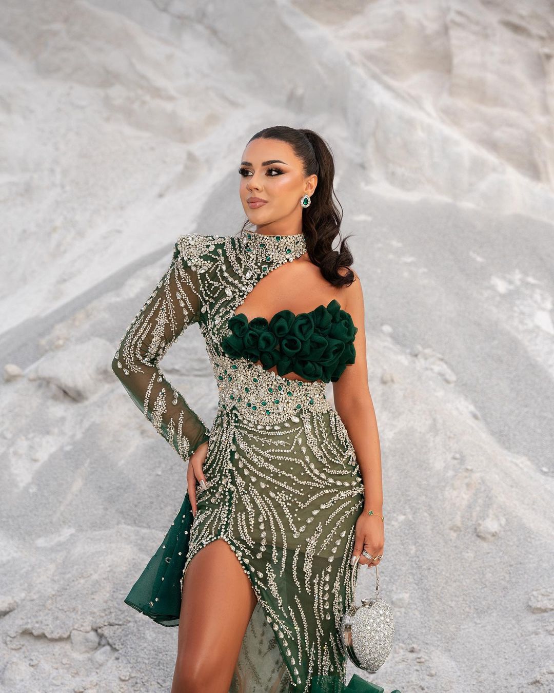 One Sleeve Green Embellished Dress with Tulle Train