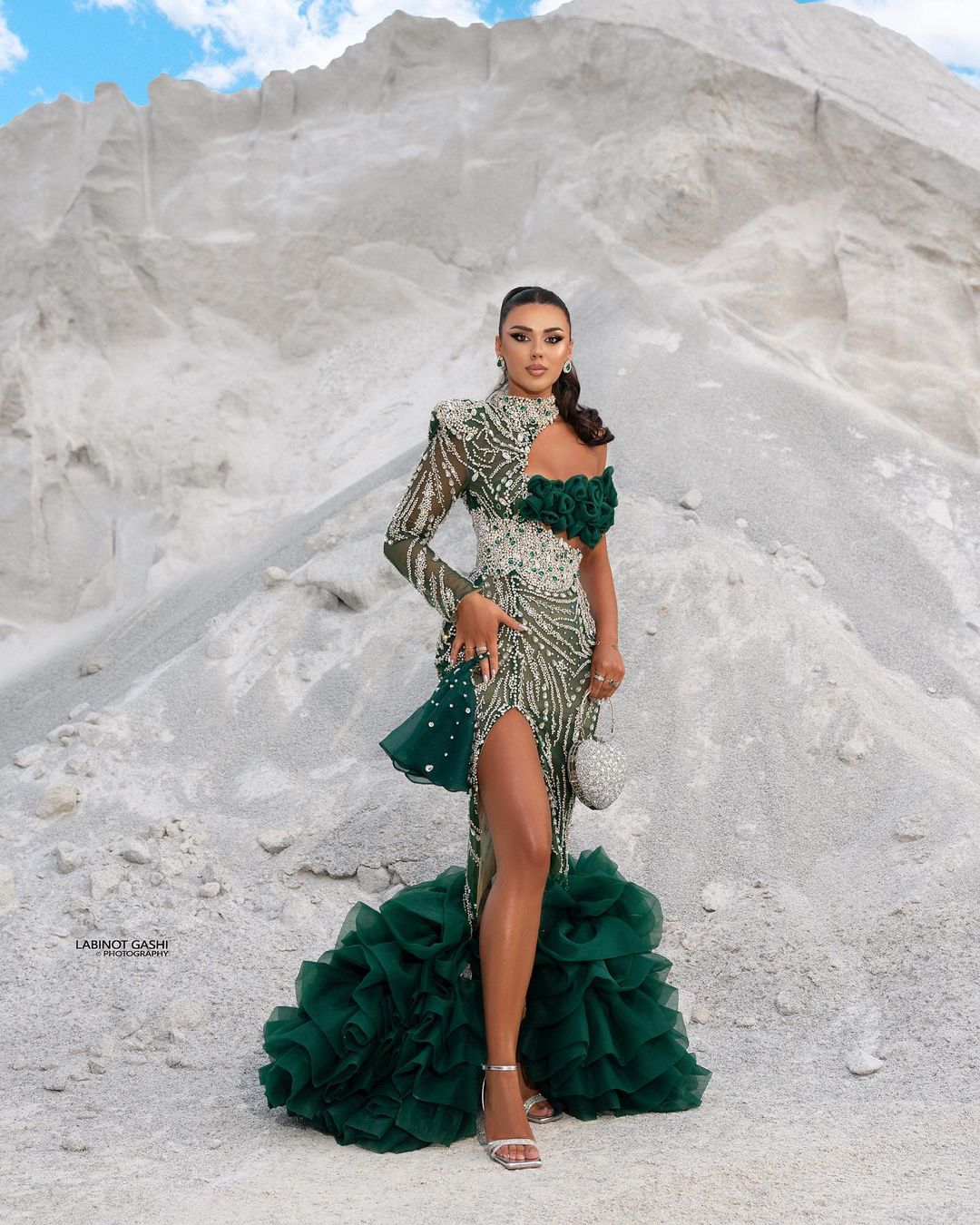 One Sleeve Green Embellished Dress with Tulle Train