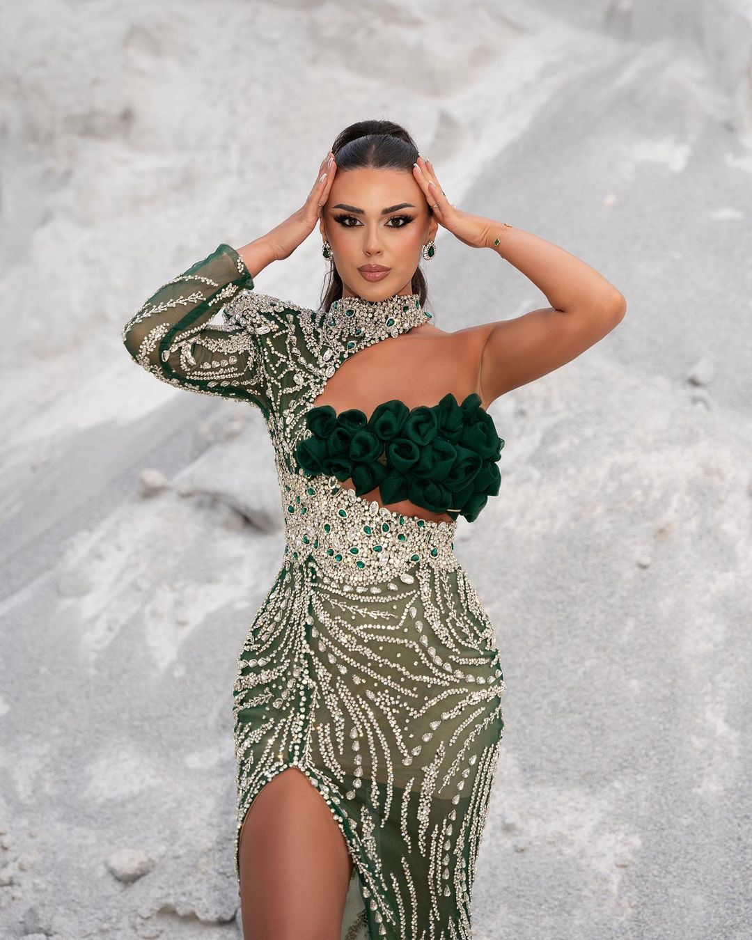 One Sleeve Green Embellished Dress with Tulle Train