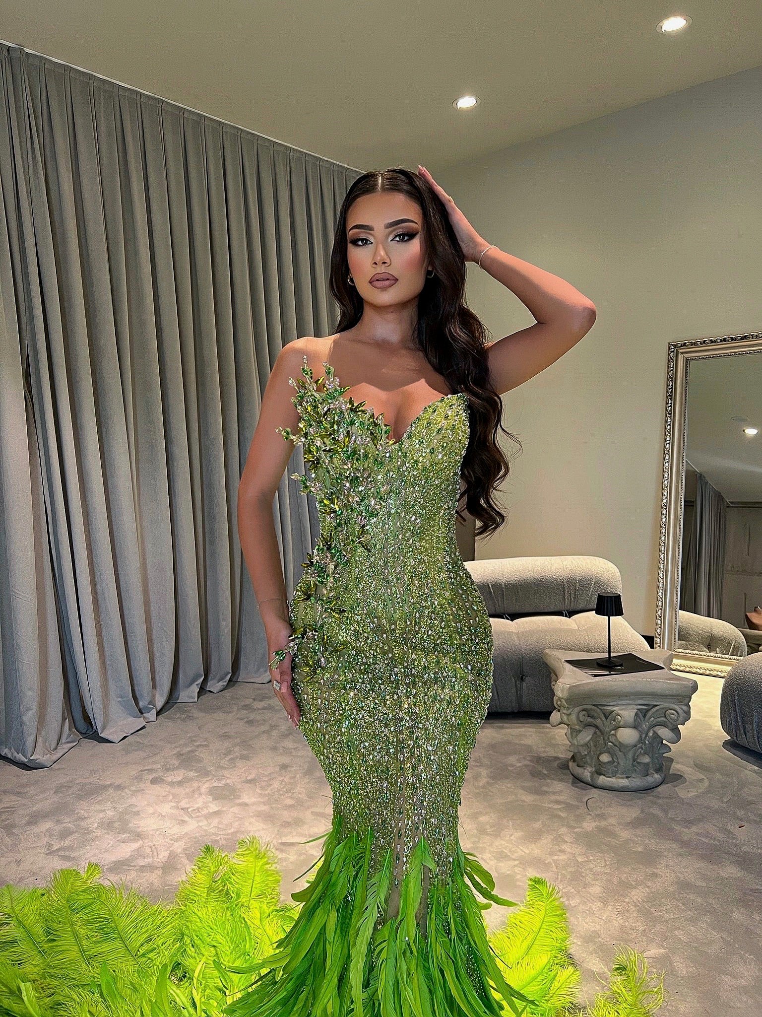Lime Green Mermaid Feathered Dress Walone LLC Lime Green Mermaid Feathered Dress Walone LLC