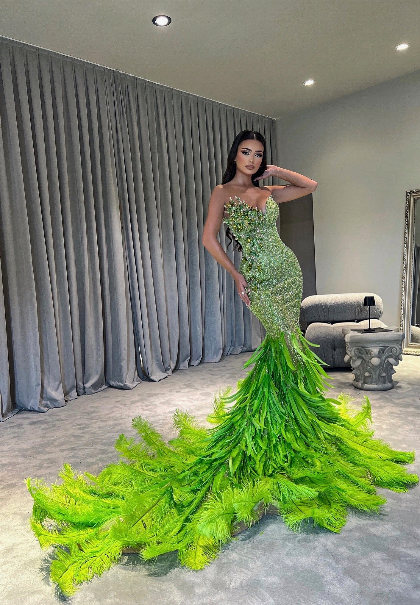 Lime Green Mermaid Feathered Dress Walone LLC Lime Green Mermaid Feathered Dress Walone LLC