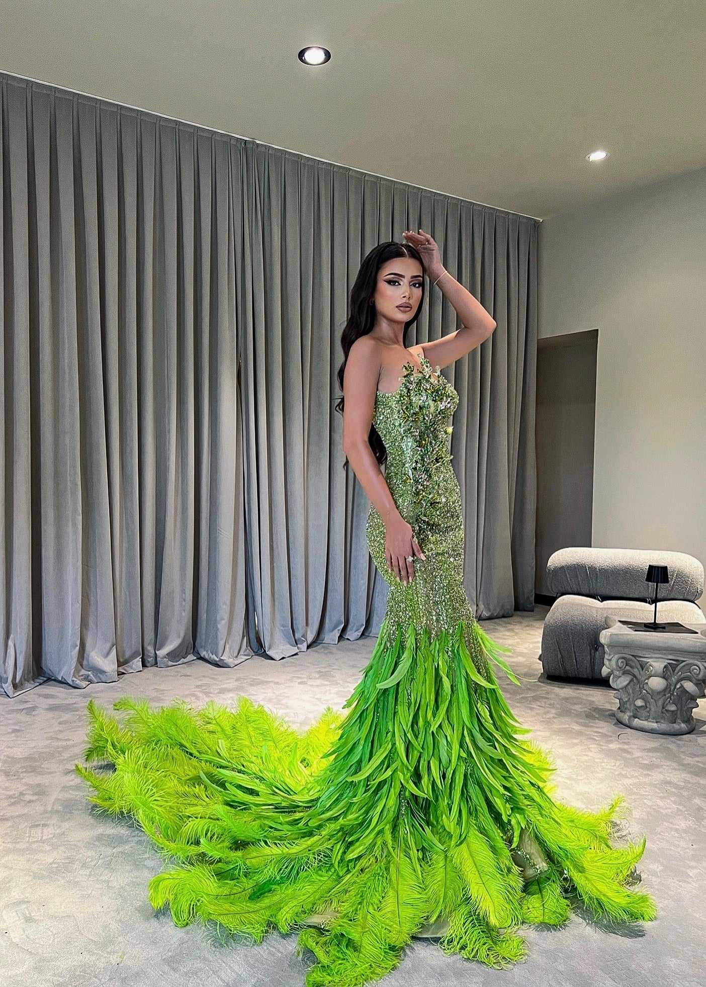 Lime Green Mermaid Feathered Dress
