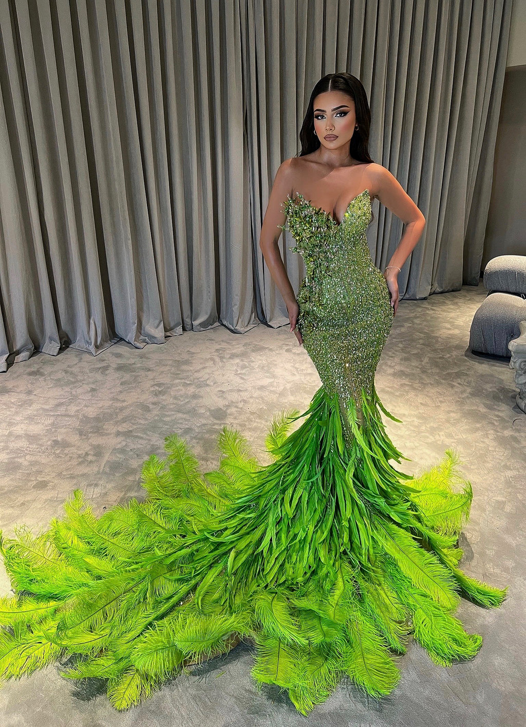 Lime Green Mermaid Feathered Dress
