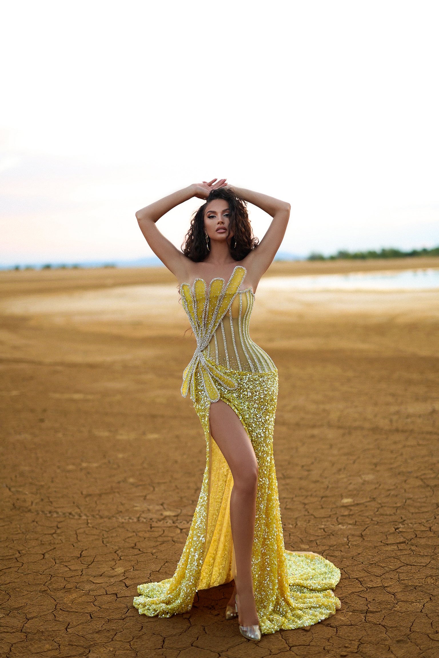 Strapless Yellow Sequin Dress with Side Slit & Sunray Corset Details