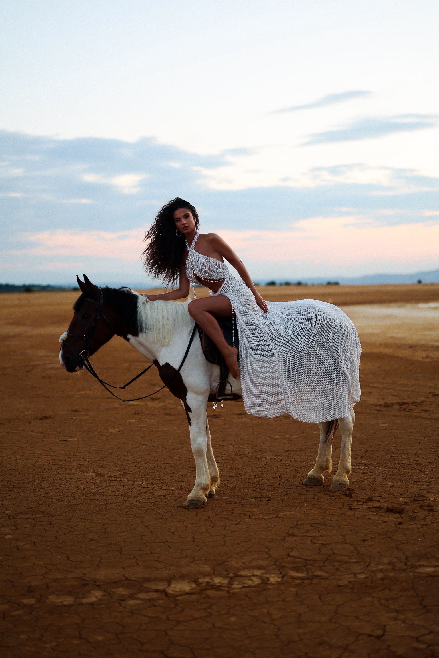 White Mesh Pearl Dress with Cut-Outs