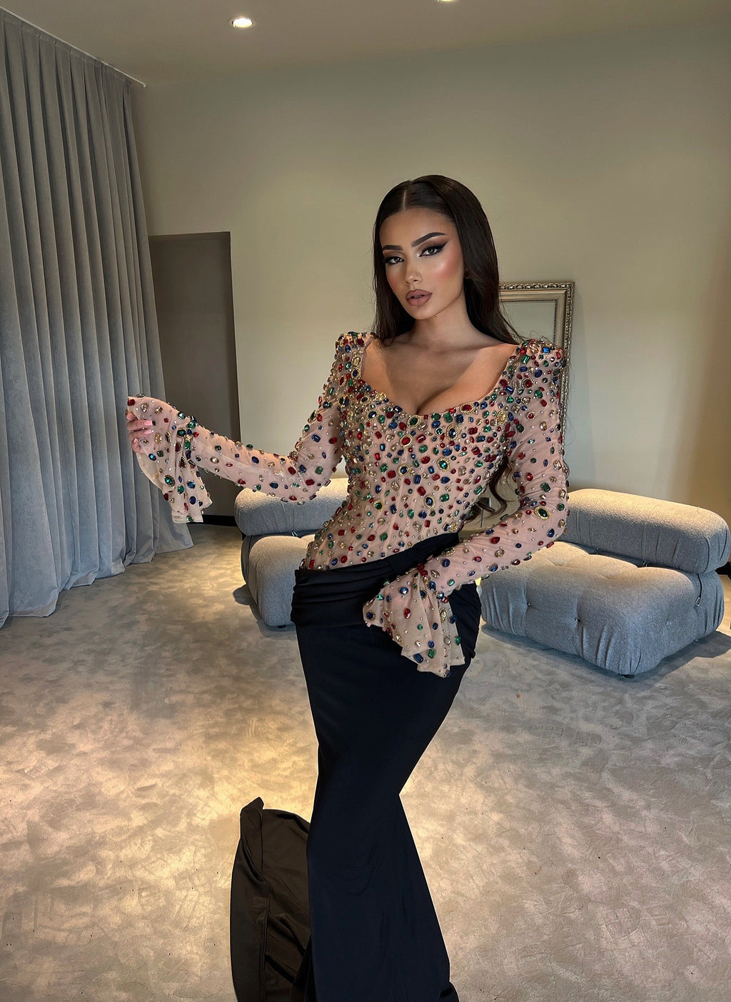 Black Dress with Nude Rhinestone Top