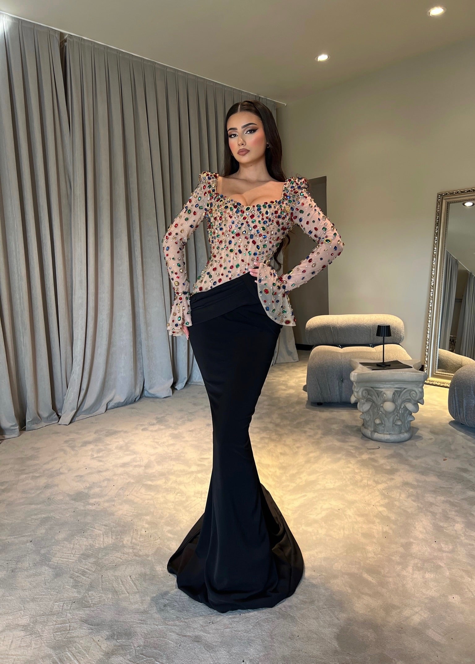 Black Dress with Nude Rhinestone Top Black Dress with Nude Rhinestone Top