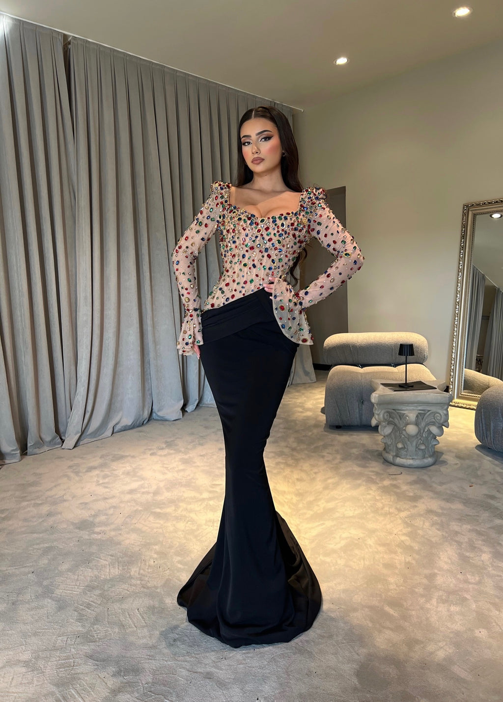 Black Dress with Nude Rhinestone Top