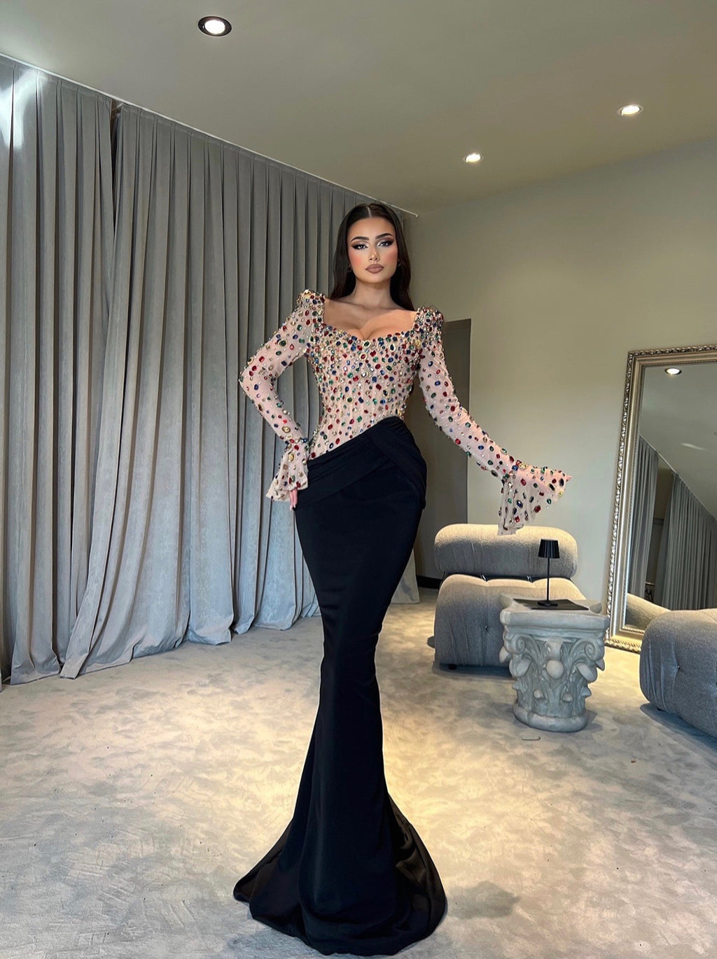 Black Dress with Nude Rhinestone Top