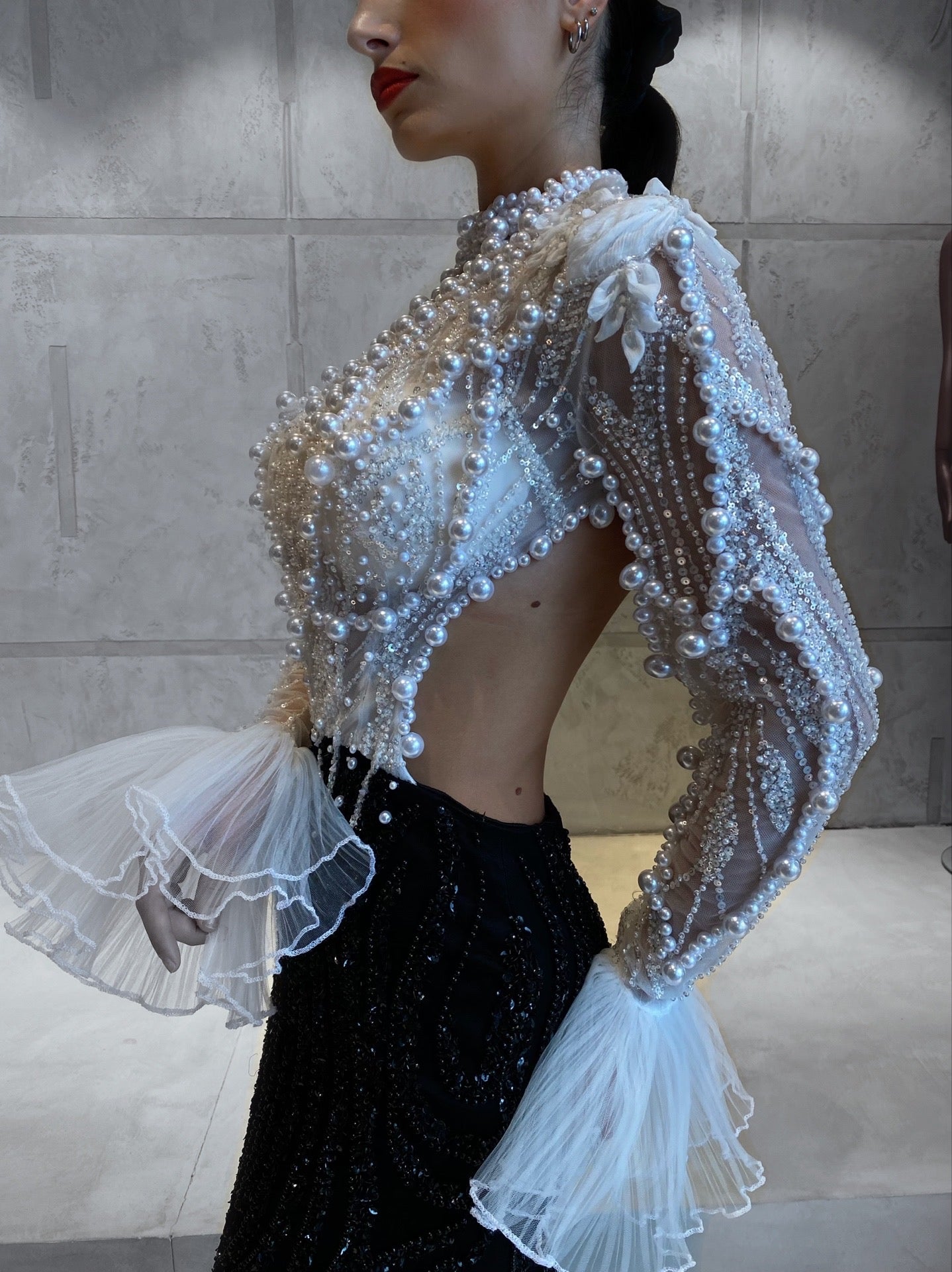 BLACK & WHITE PEARL EMBELLISHED DRESS WITH OPEN BACK