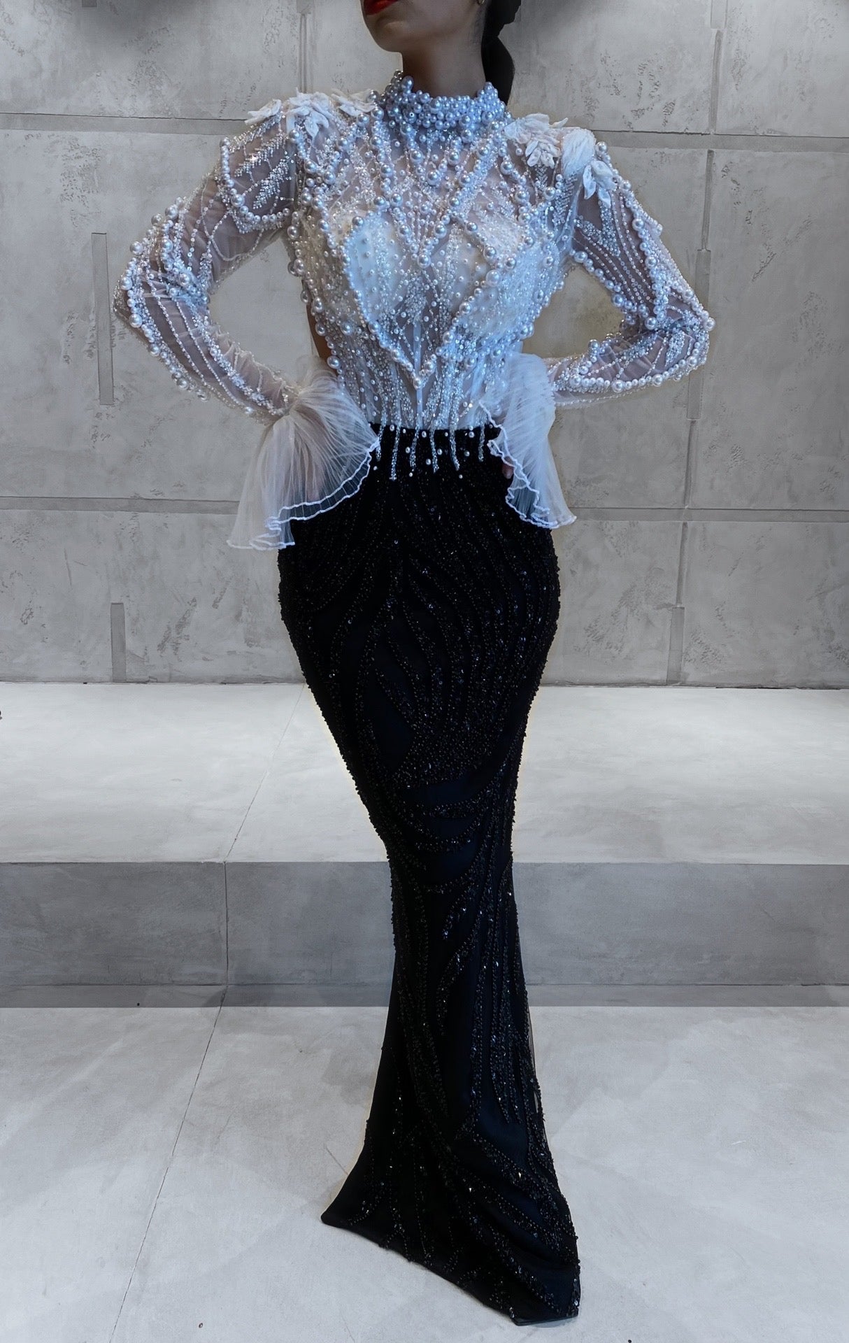 BLACK & WHITE PEARL EMBELLISHED DRESS WITH OPEN BACK