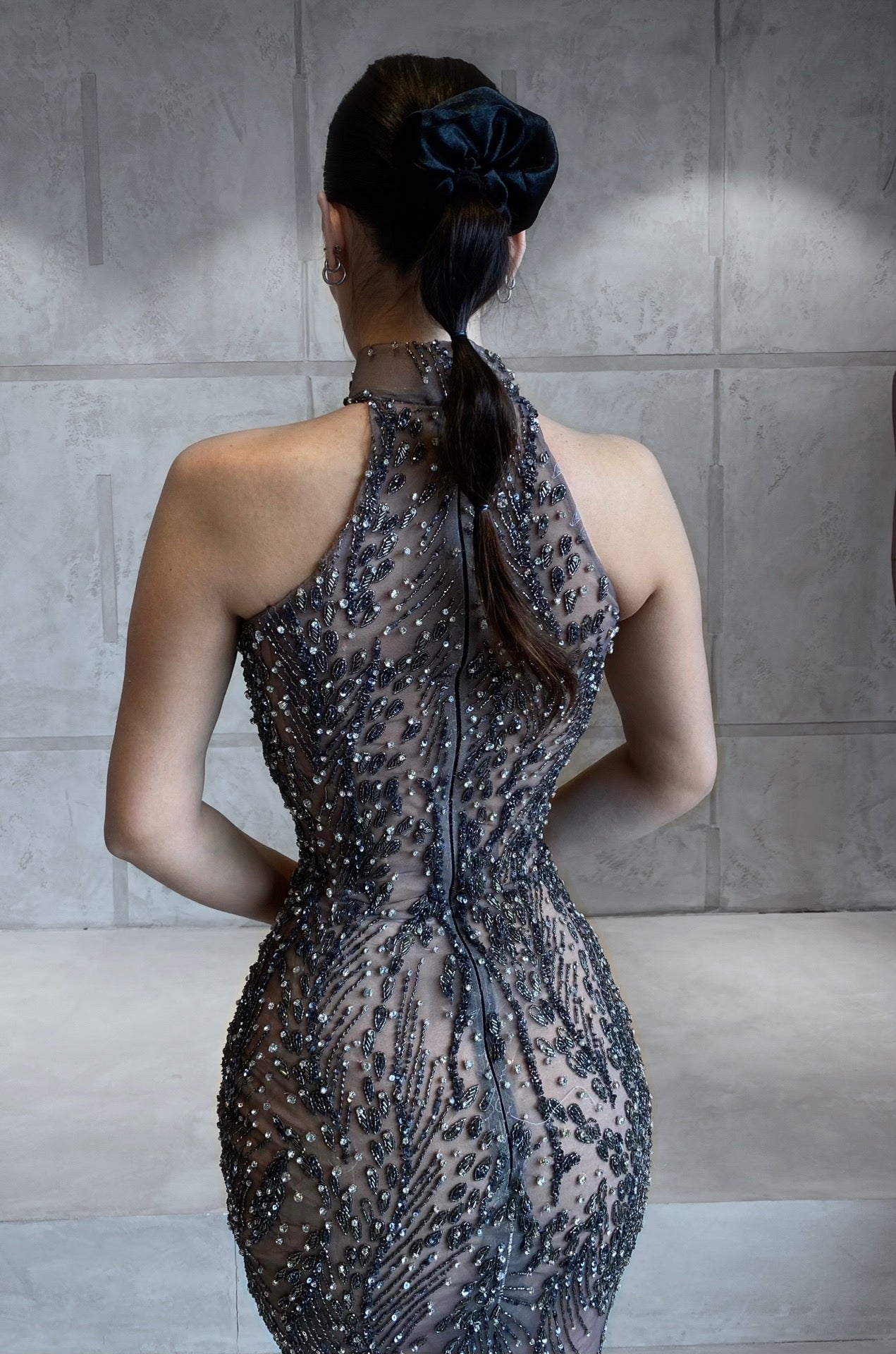 Halter Gray Beaded Dress