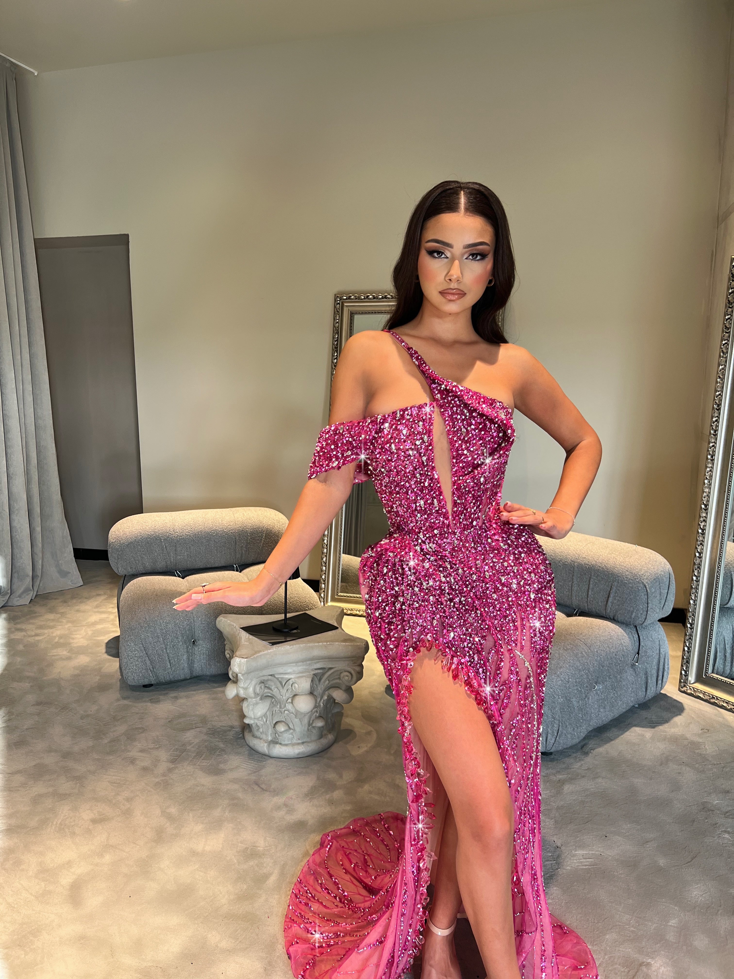 Side Slit Fuchsia Beaded Dress