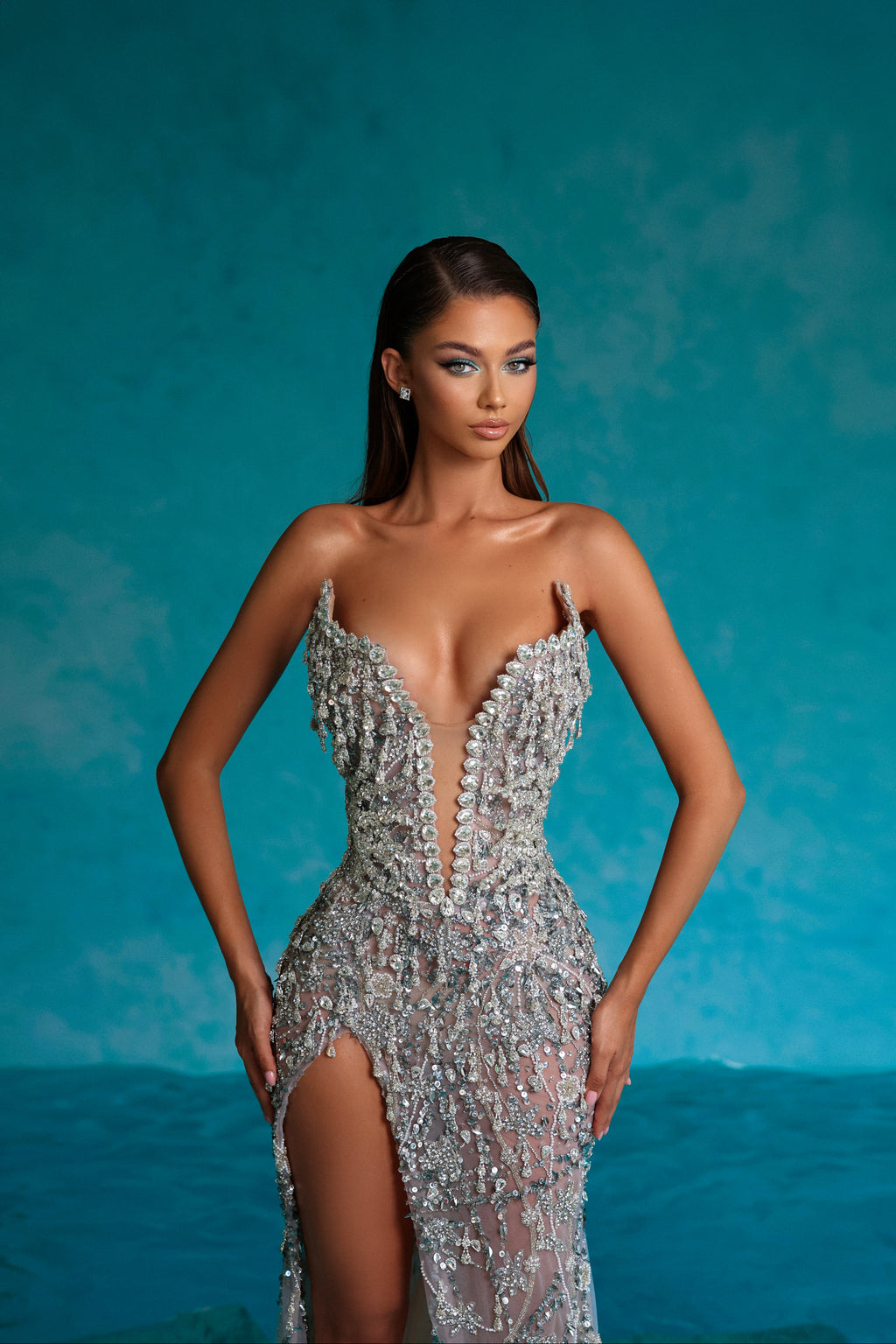 Silver Rhinestone Dress with Side Slit S