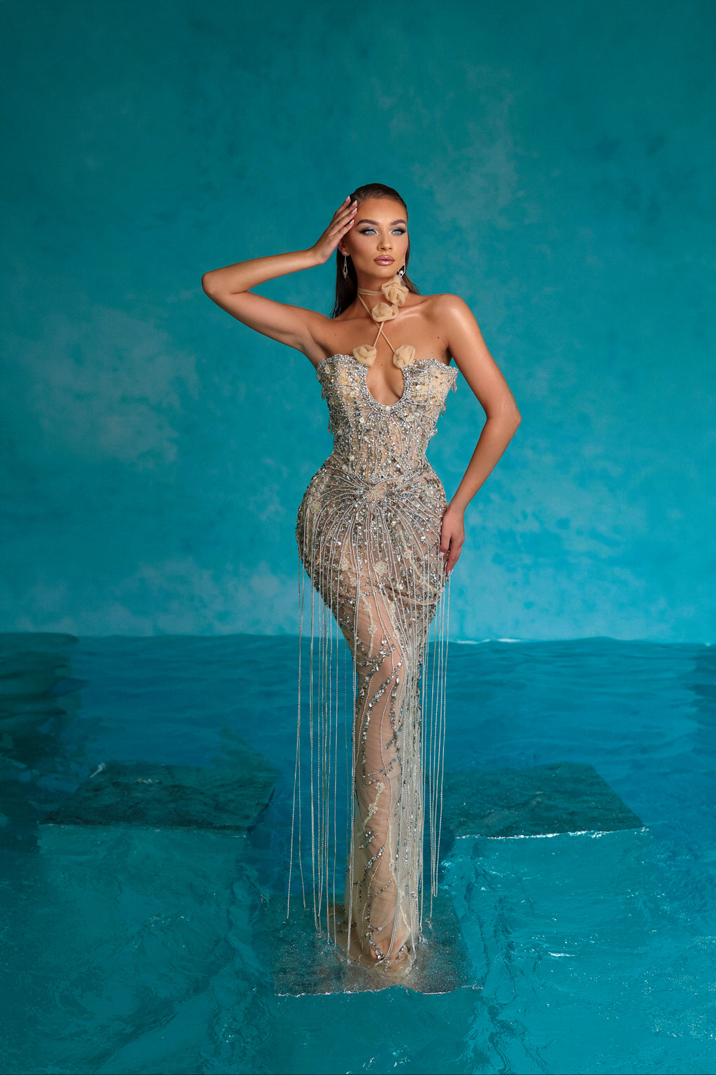 Silver Tassel Embellished Dress with Rose Beige Tulle Cape