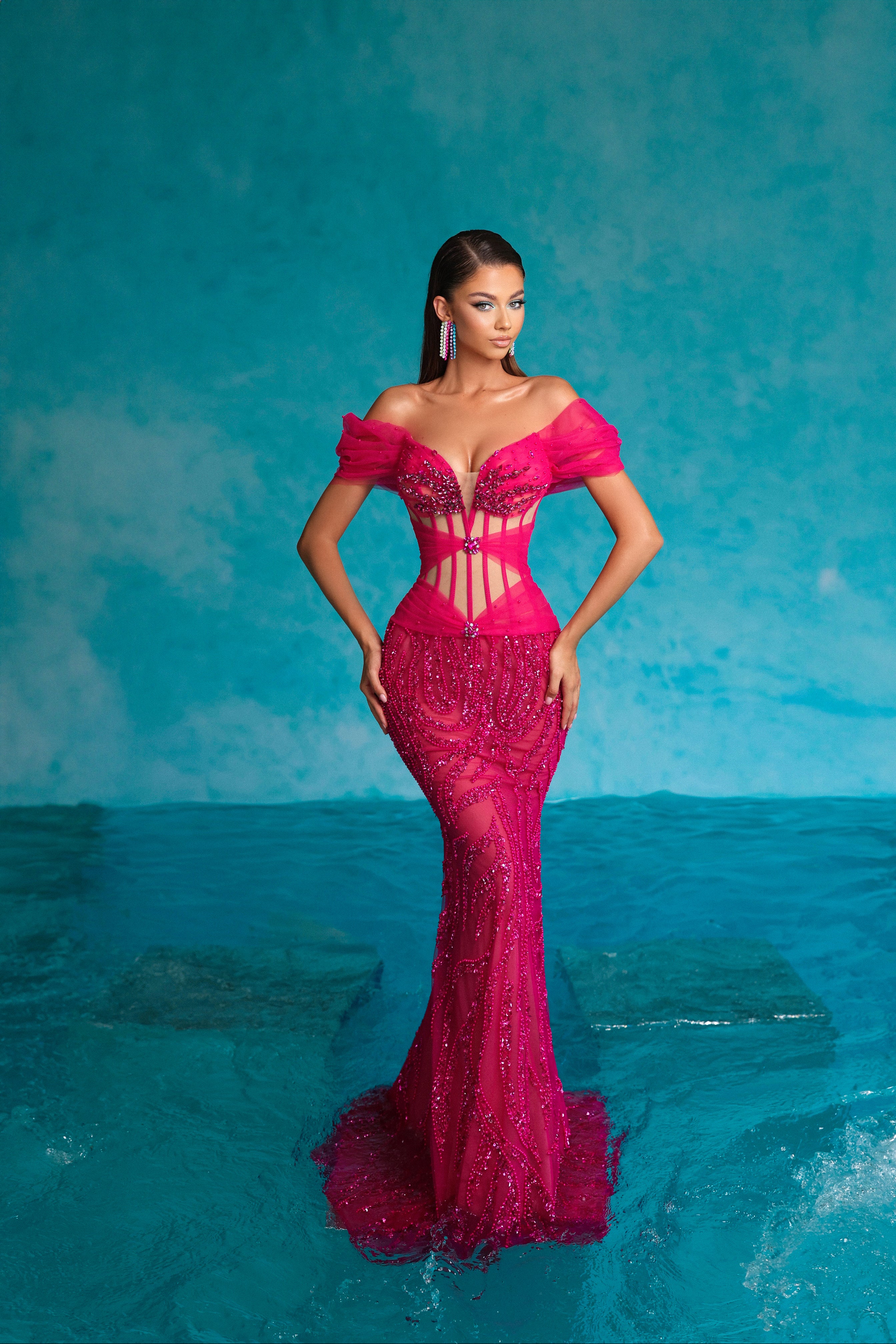 Fuchsia Dress with Tulle Off Shoulder Straps L