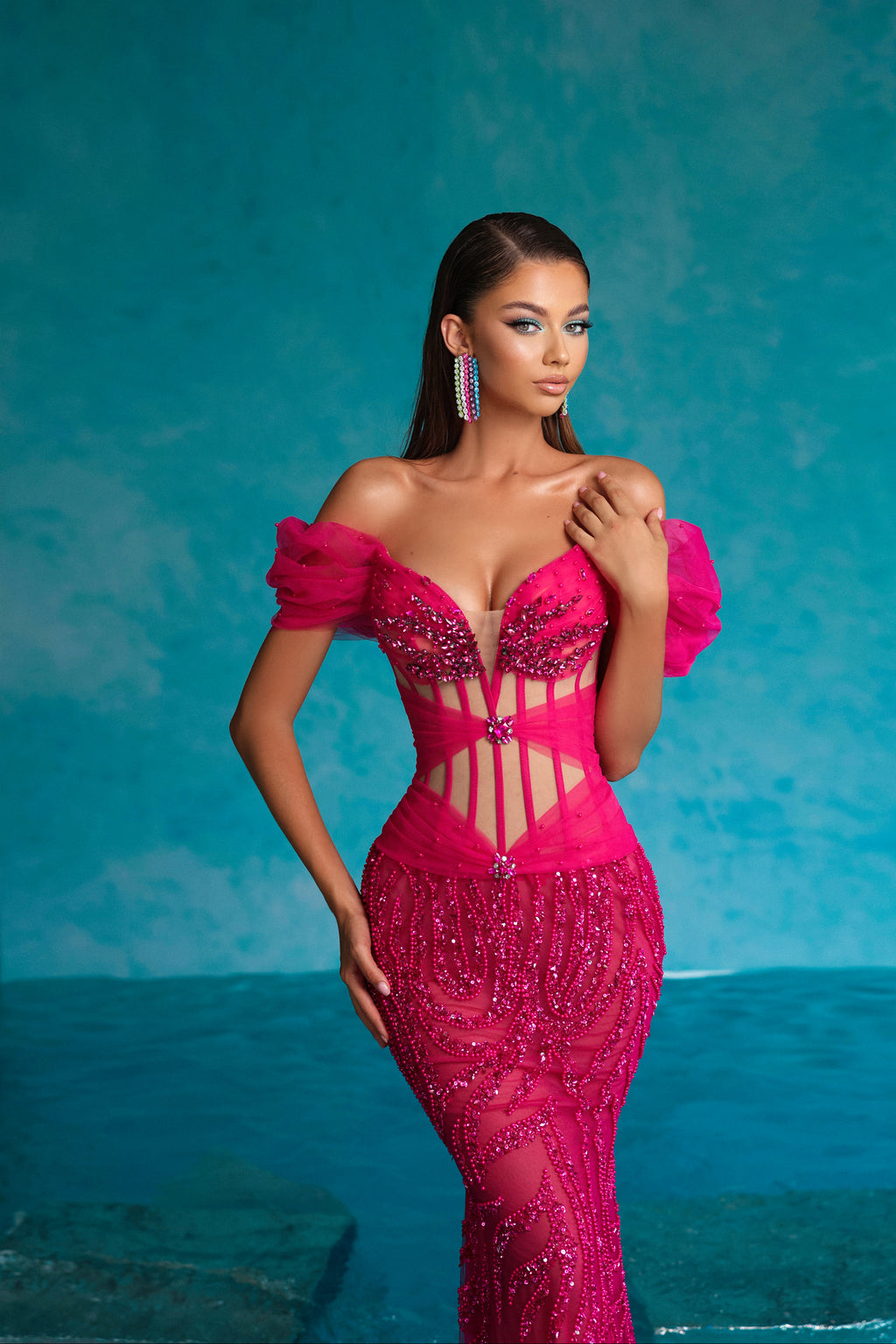 Fuchsia Dress with Tulle Off Shoulder Straps