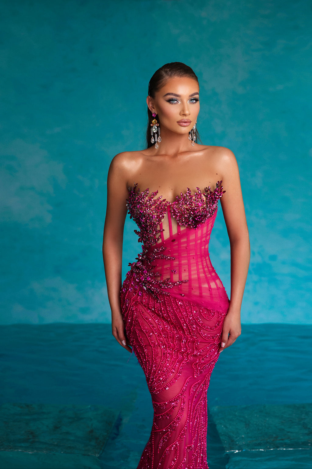 Strapless Fuchsia Beaded Dress with Rhinestones