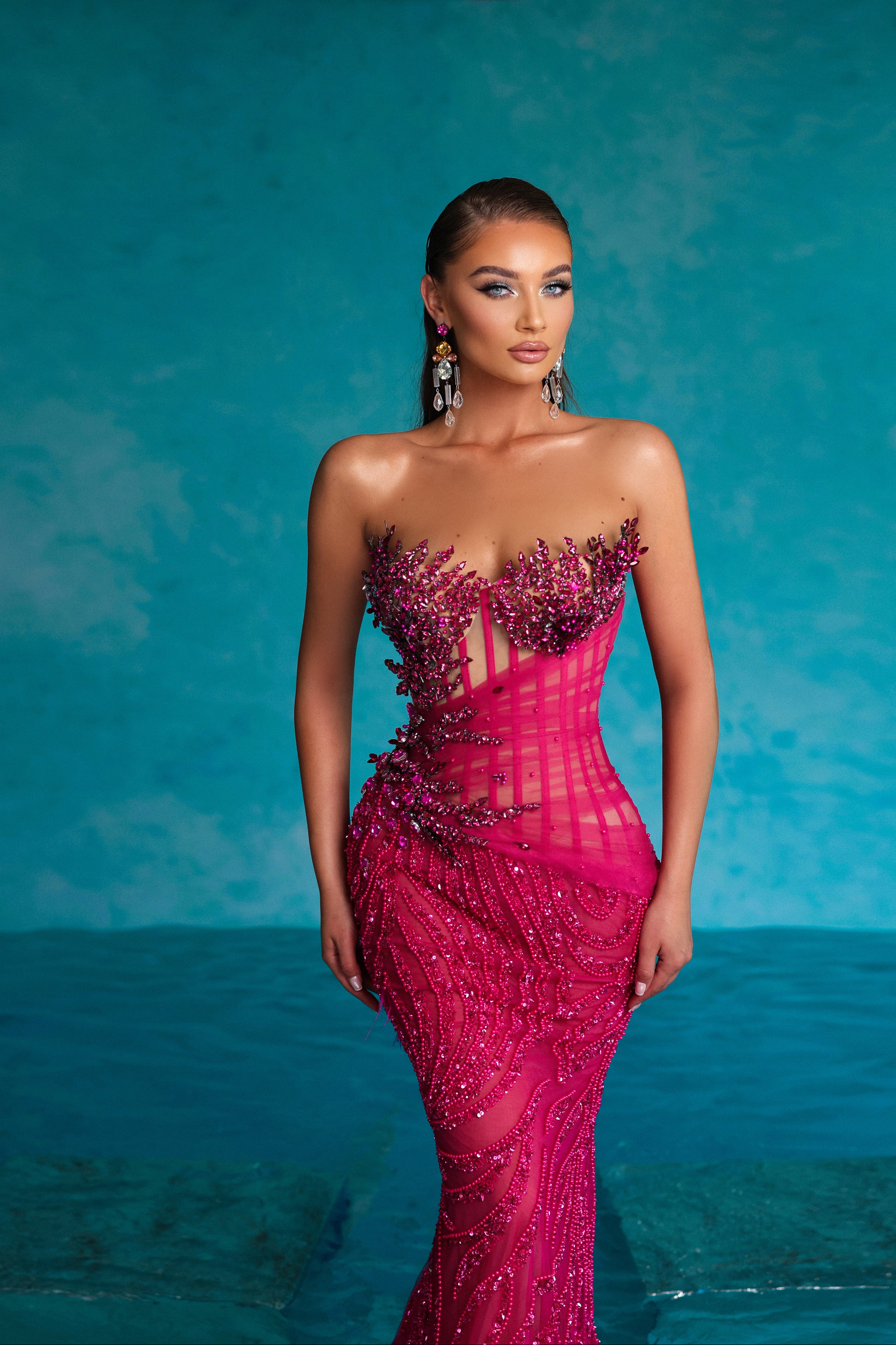 Strapless Fuchsia Beaded Dress with Rhinestones